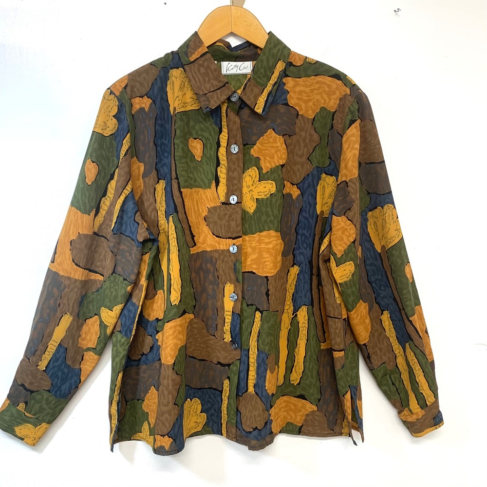 Cathy Che  Abstract Earth Tone Button Down Blouse Woman Size 18 Casual Office
